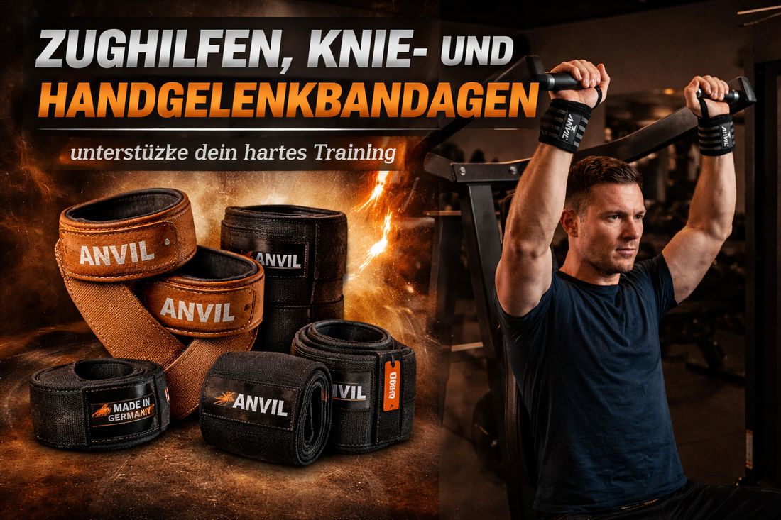 Zughilfen, Kniebandagen und Handgelenkbandagen im Kraftsport