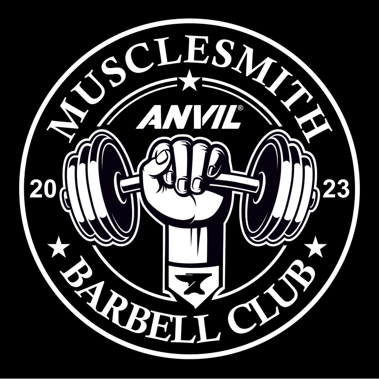Logo des Musclesmith Barbell Club mit einem Hantel und einer Hand, umgeben von Sternen.